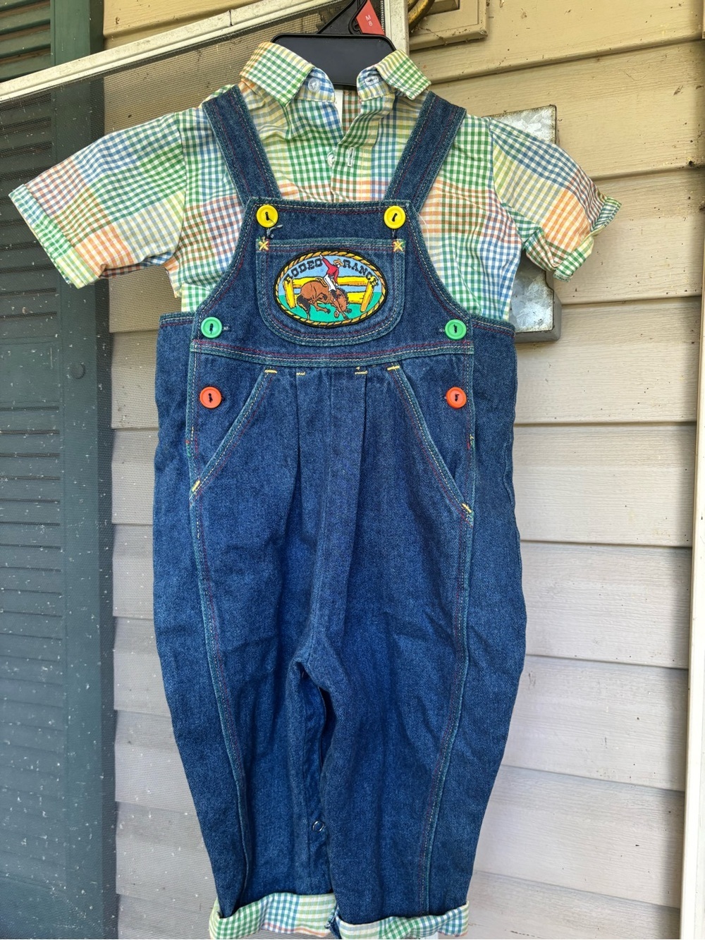 OshKosh B'gosh Blue Denim Overalls with Multicolor Buttons - Picture 5 of 11